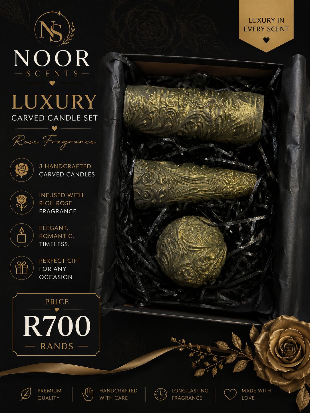 Luxury Carved Candle Set - Rose Fragrance